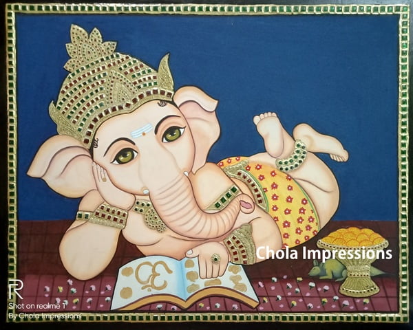 Chola Impressions Ganesh Tanjore Painting 13"x11" Chola Impressions Ganesh Tanjore Painting 13"x11"